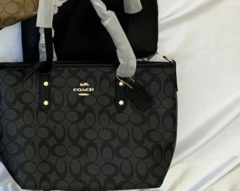 COACH PREMIUM ZIP TOTE BAG SIGNATURE CANVAS - BLACK