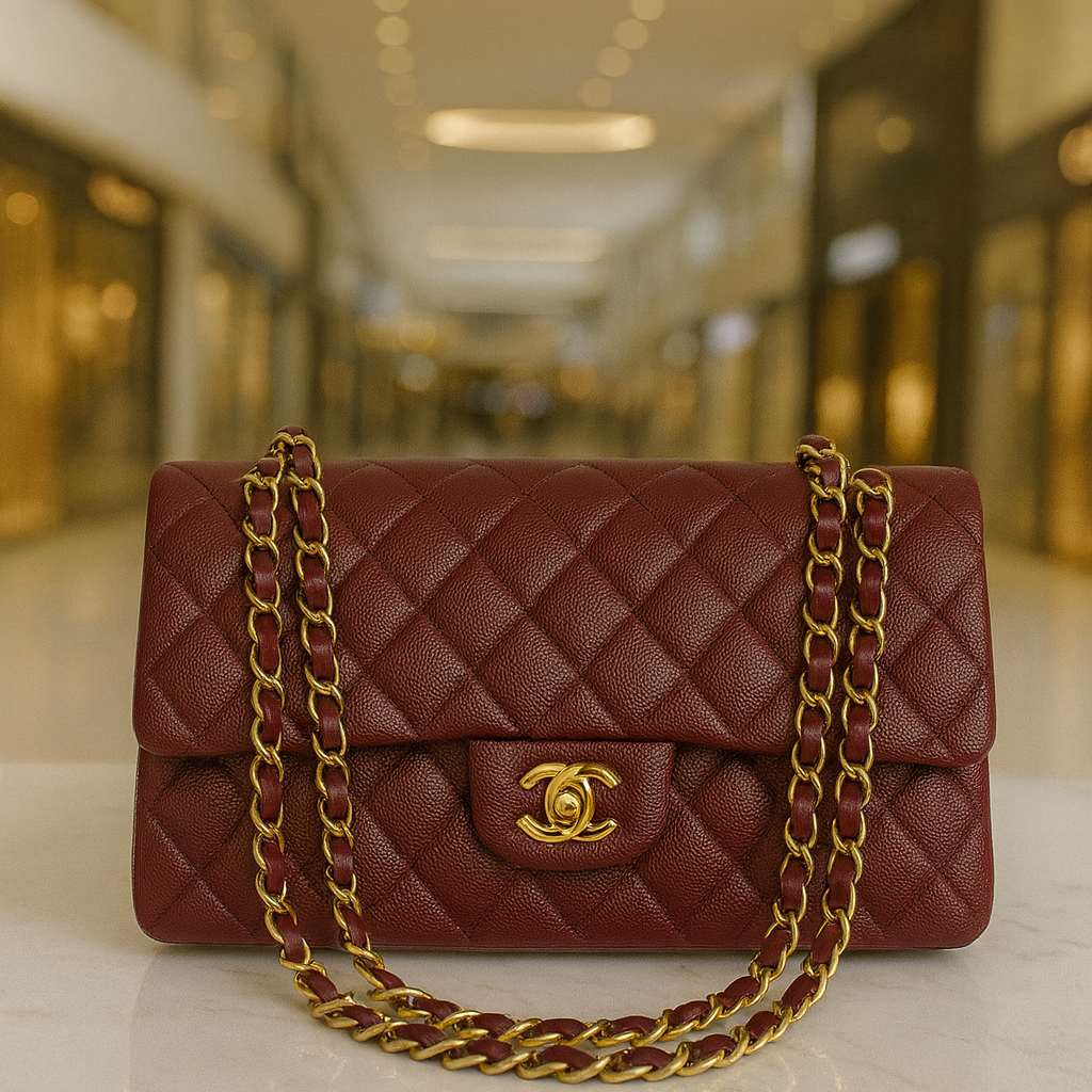 Chanel Classic Double Flap Quilted Caviar Gold-tone Medium Red