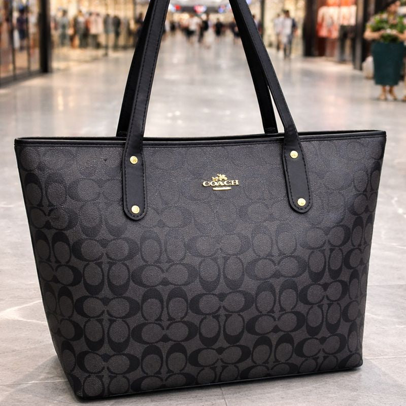COACH PREMIUM ZIP TOTE BAG SIGNATURE CANVAS - BLACK
