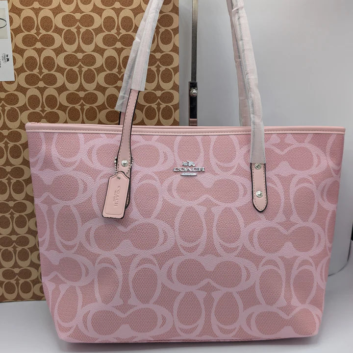 COACH PREMIUM ZIP TOTE BAG SIGNATURE CANVAS -PINK