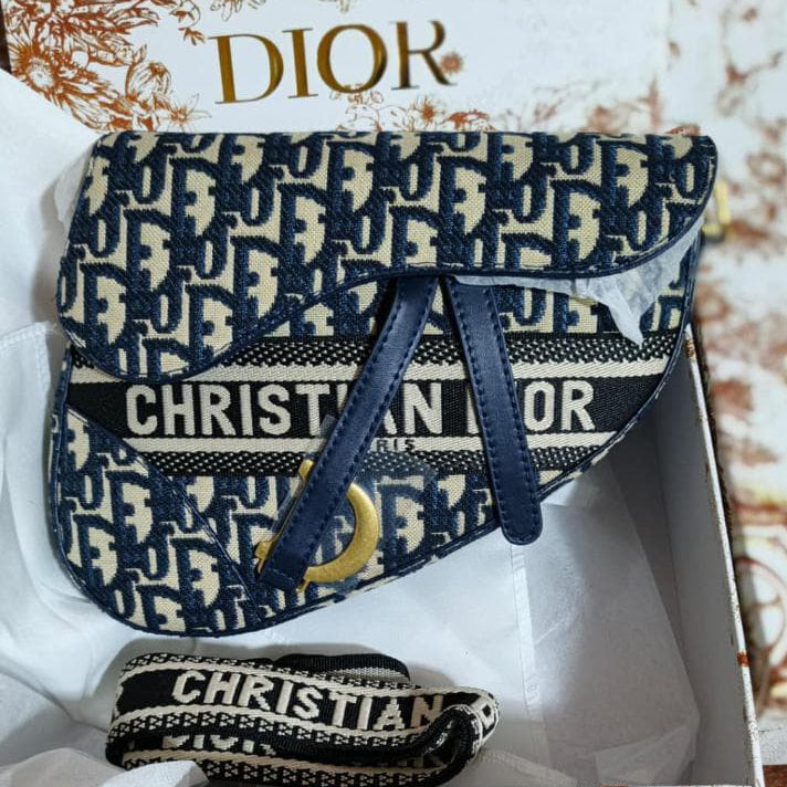 Dior Saddle Bag Blue Oblique Embroidery