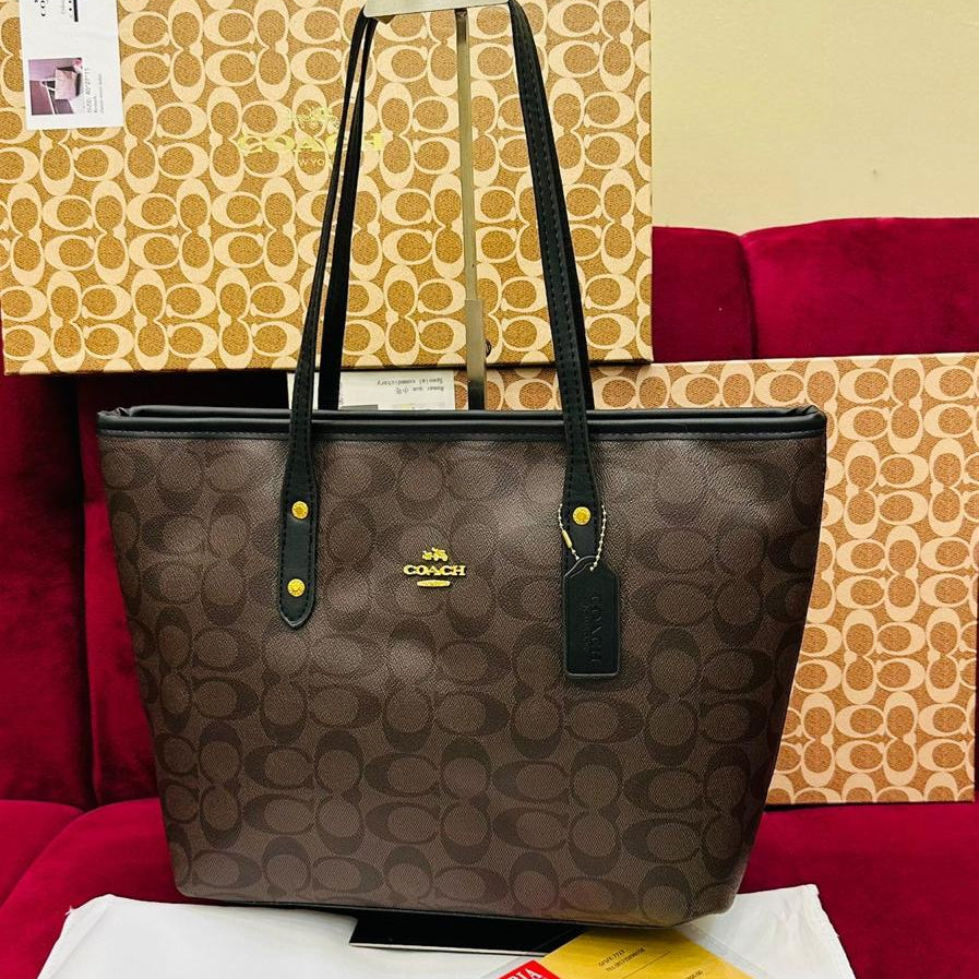 COACH PREMIUM ZIP TOTE BAG SIGNATURE CANVAS - COFFEE